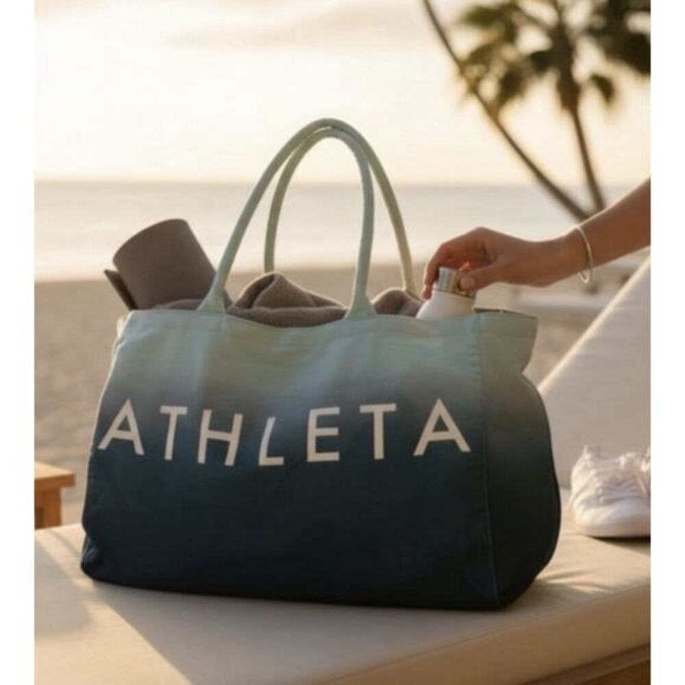 Athleta Blue Ombre Cotton Canvas Tote Bag Blue‎ White Gym Shopping Dip Dye Large